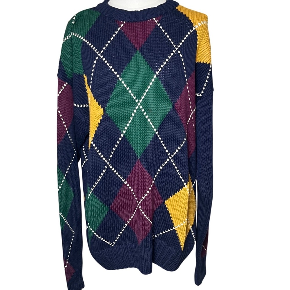 Checkpoint Argyle Sweater Navy Green Burgundy Yellow Cotton Crew‎ Neck Large